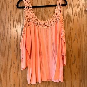 Maurices, coral/orange top with crocheted sleeve detail